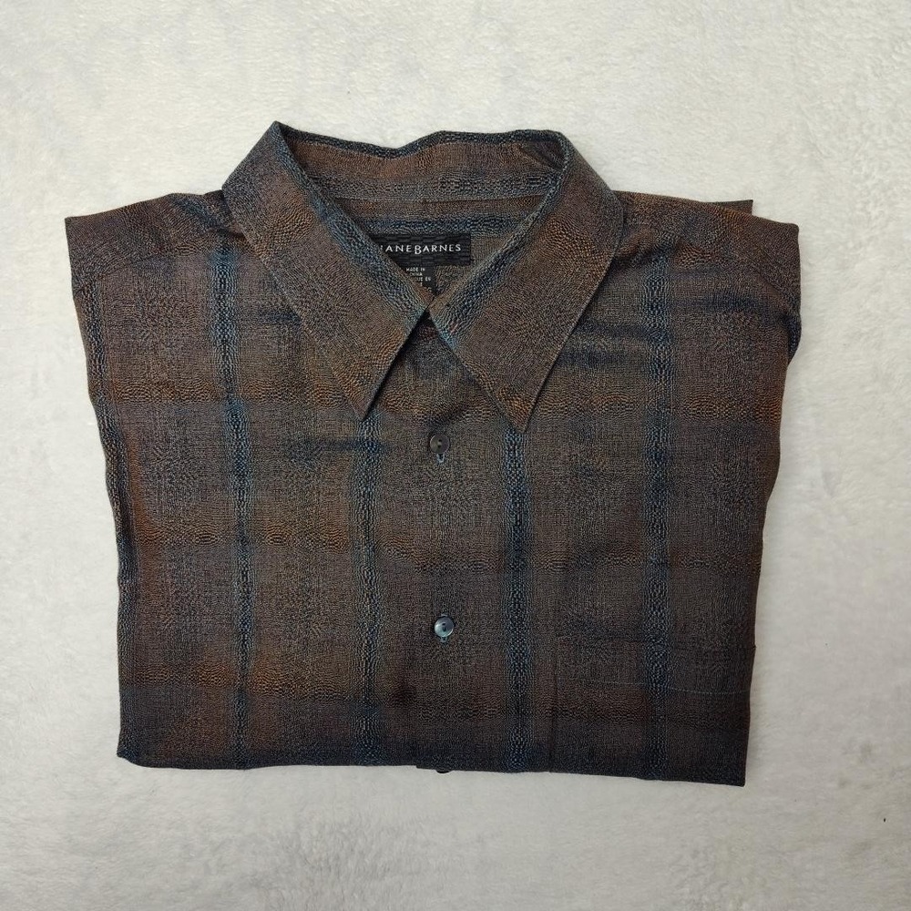 Jhane Barnes Shirt Mens 2XL Brown Blue Plaid Silk Rayon Dress Long Sleeve Casual